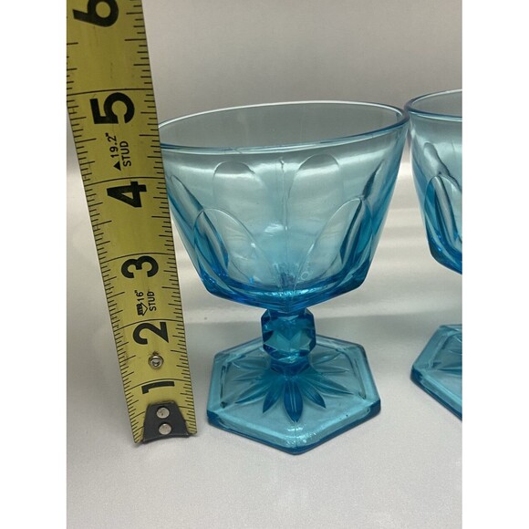 Vintage 1960s Ornate BLUE Glass Pedestal Small Wine Glass Lot Of 2 Set Rare - Picture 3 of 4